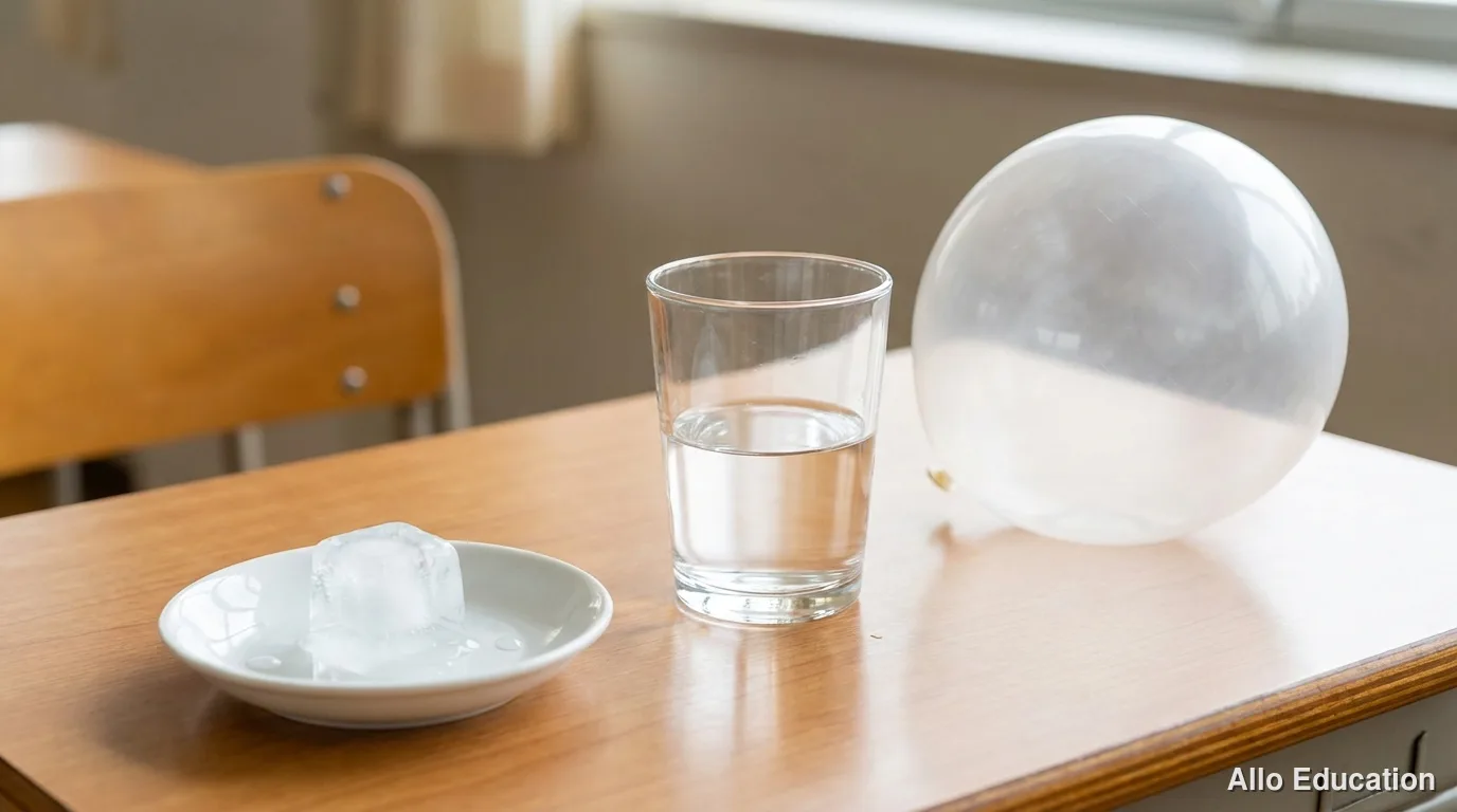 Sur une table claire, un glaçon dans une coupelle, un verre d'eau et un ballon transparent gonflé ; objets séparés, vue rapprochée, aucun texte. Le ballon représente un gaz, sans prétendre montrer de la vapeur d'eau.