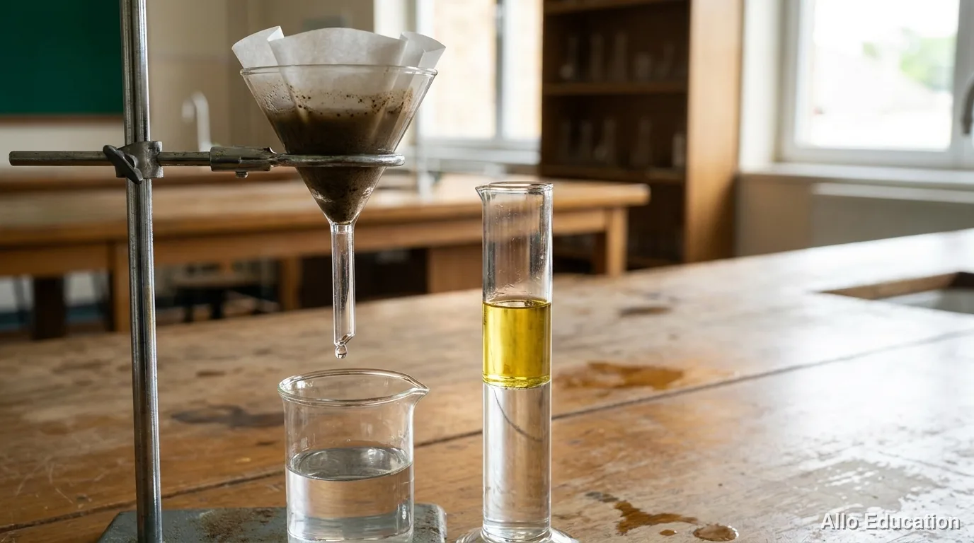 Matériel de filtration sur une table : entonnoir avec papier filtre retenant du sable brun, récipient transparent dessous contenant un filtrat clair. À côté, un verre d'eau et d'huile avec deux couches distinctes. Aucun texte ni marque.