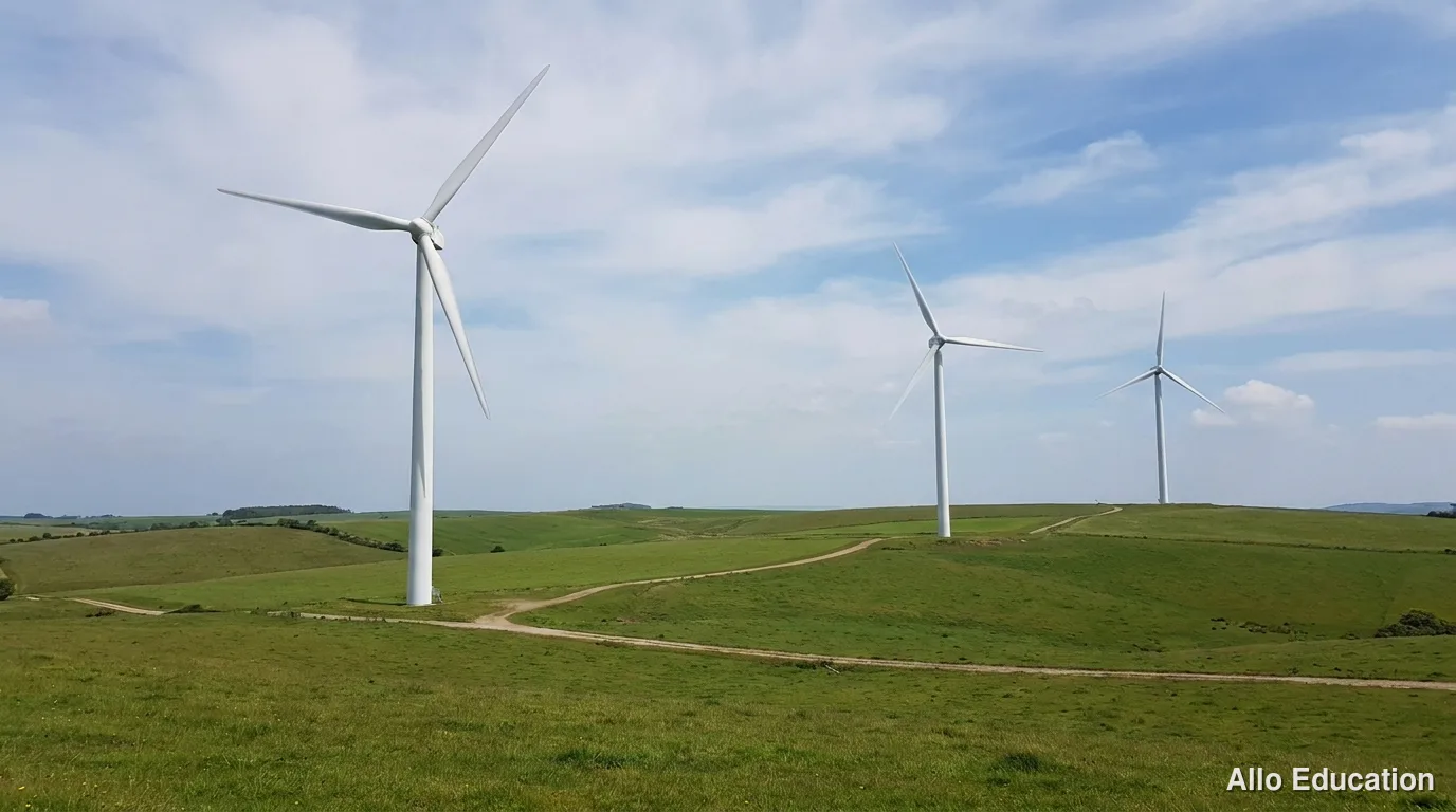 Plusieurs éoliennes blanches alignées dans un champ, leurs trois pales tournées face au vent, sous un ciel dégagé.
