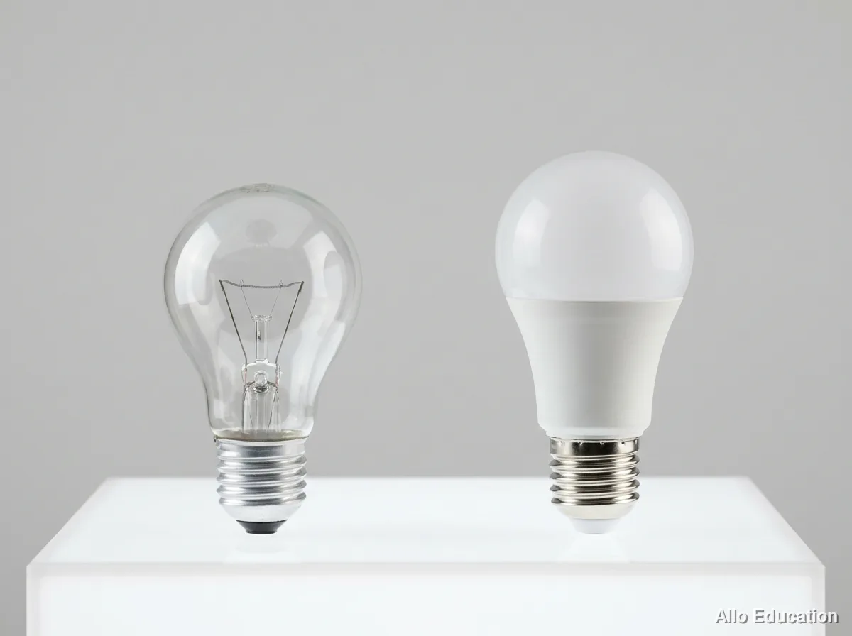Deux ampoules posées côte à côte sur un fond clair : à gauche une ancienne ampoule en verre avec un filament visible, à droite une ampoule LED moderne.