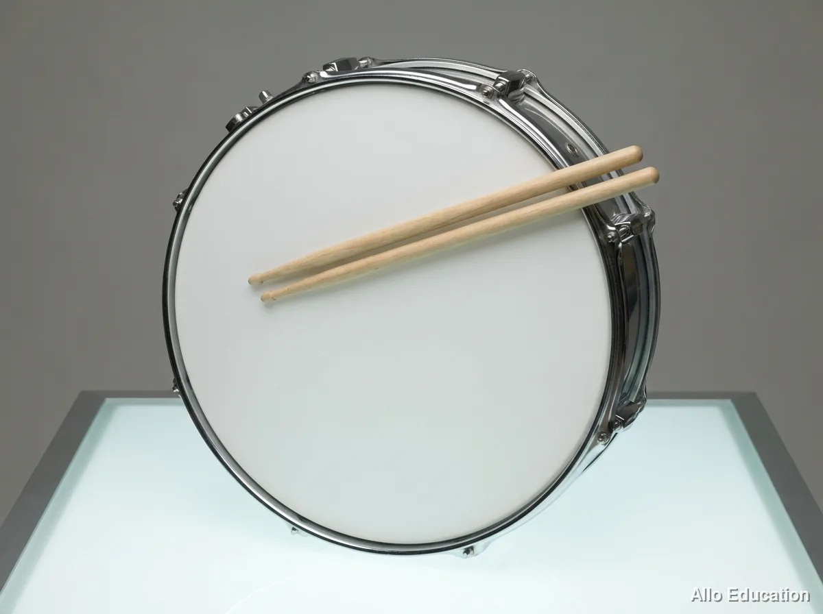 Un tambour vu de trois quarts, sa peau tendue bien visible, avec deux baguettes en bois posées dessus.