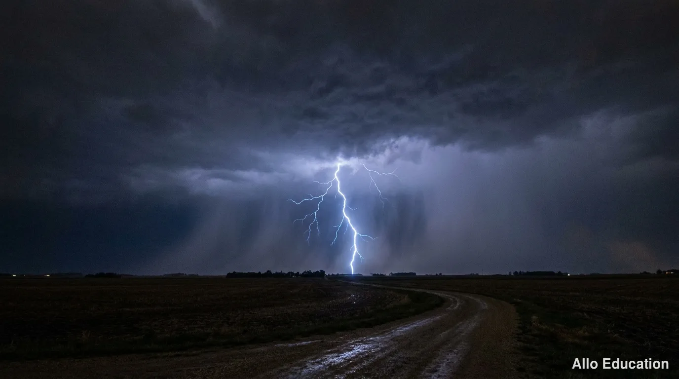 Un ciel d'orage sombre au-dessus d'une campagne, traversé par un éclair ramifié qui descend vers l'horizon.