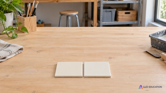 Deux carreaux de céramique clairs, entiers et sans inscriptions, posés côte à côte sur une table.