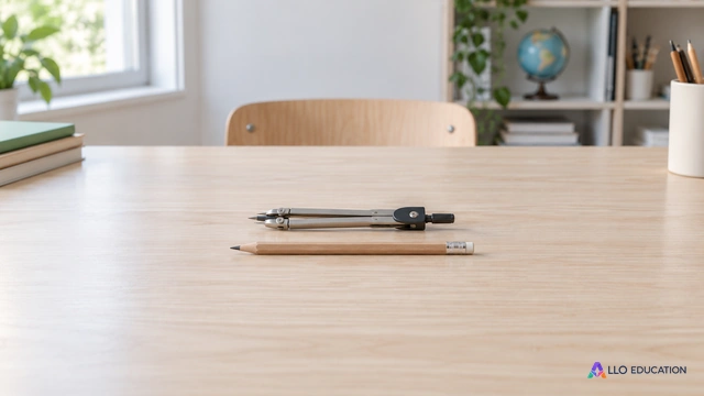 Compas scolaire replié et crayon neutre posés horizontalement au centre d’une table claire, sans inscription.