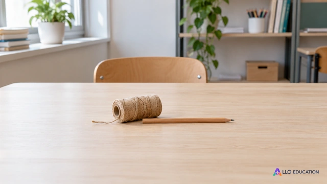 Bobine de ficelle naturelle avec un crayon horizontal sans inscription, entièrement visibles au centre d’une table claire.
