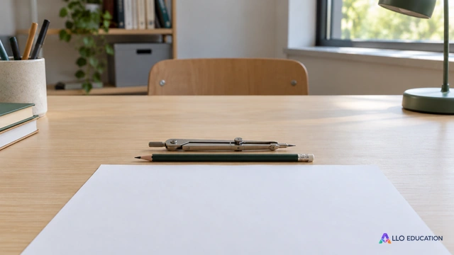 Compas métallique replié et crayon horizontal entiers au centre d’une table claire, près d’une feuille vierge ; aucune figure ni mesure.