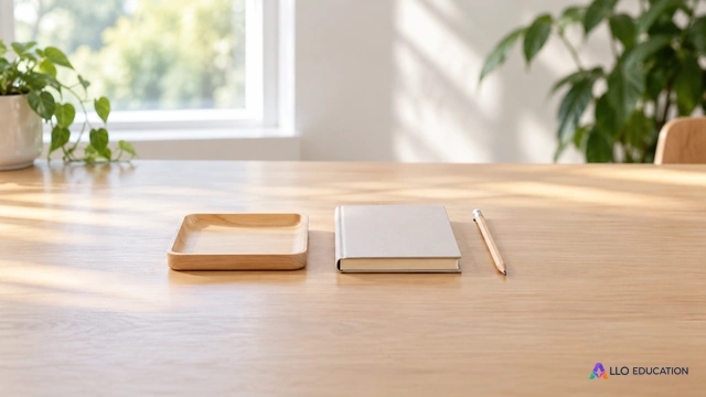 Petit plateau clair vide et carnet fermé, accompagnés d’un crayon sur une table d’atelier.