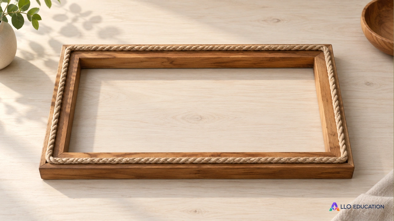 Un cadre rectangulaire en bois vide et un morceau de corde souple suivant ses quatre bords sur une table claire.