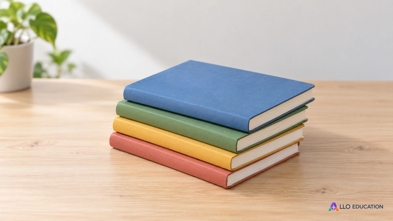 Des carnets vierges identiques aux couvertures unies regroupés sur une table.