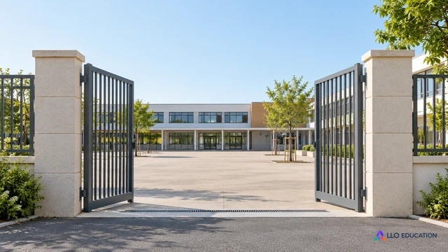 Une porte ouverte donne sur une cour de collège calme, sans élèves ni inscription.