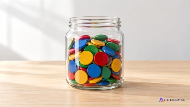 Un bocal transparent contient des jetons ronds unis, sans inscription.