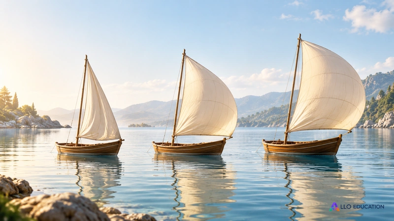 Trois petites voiles de formes proches se gonflent différemment, évoquant une forme reprise avec des variations.