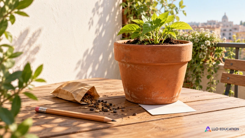 Un pot de balcon, des graines, un crayon et une feuille vierge évoquent des détails à relier pendant la lecture.